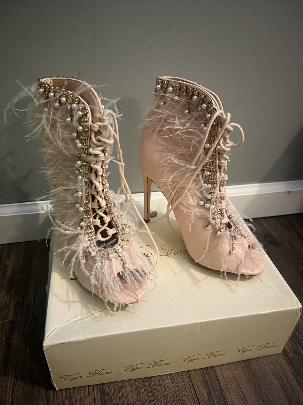 Embellished Blush Feather Lace-Up Ankle Heels - Picture 2 of 4